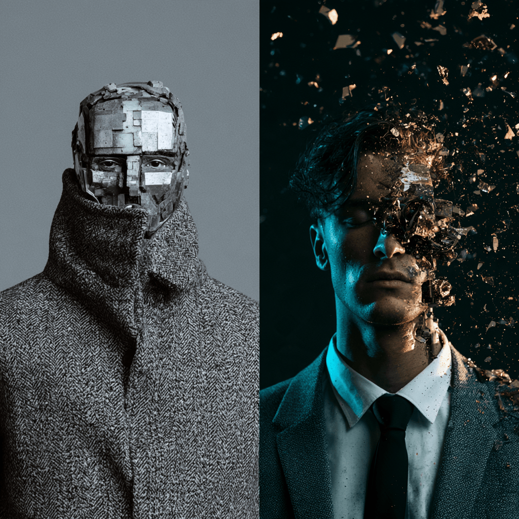 A split image featuring two figures; on the left, a humanoid figure with a robotic face and a thick, textured coat, and on the right, a male model in a suit with fragmented features, creating a surreal and artistic contrast.